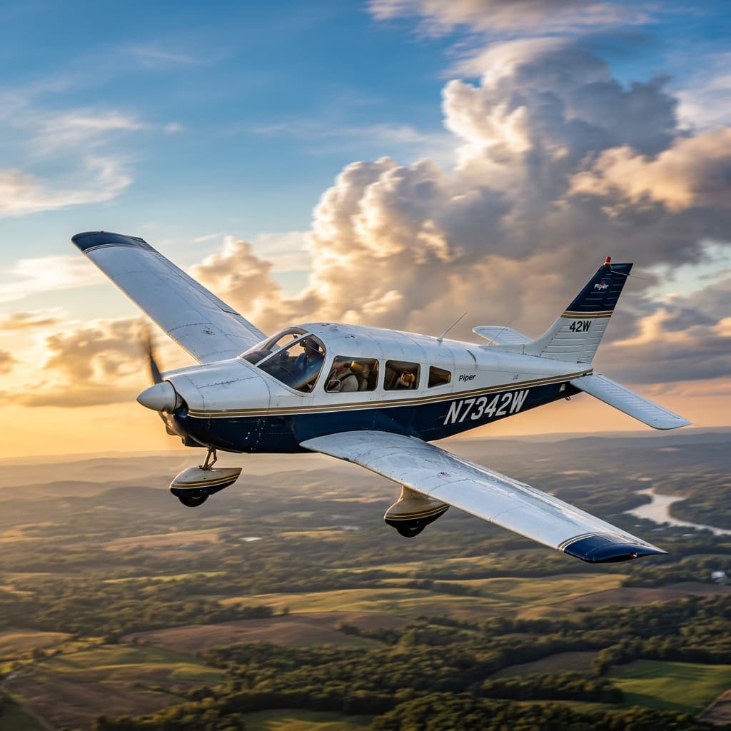 A sleek conceptual illustration of a Piper PA-28 aircraft flying through complex atmospheric weather systems