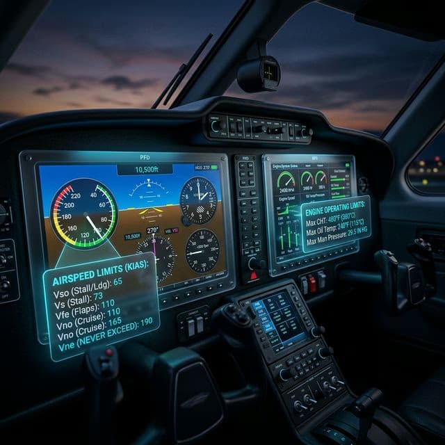 Detailed view of an open Pilot's Operating Handbook showing weight and balance limits alongside navigation charts