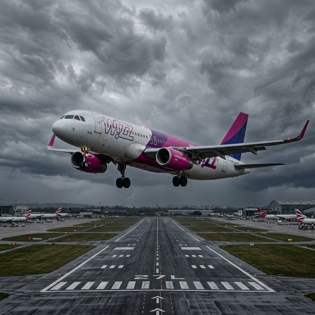 Photorealistic image of an Airbus A320 on final approach in crosswind conditions