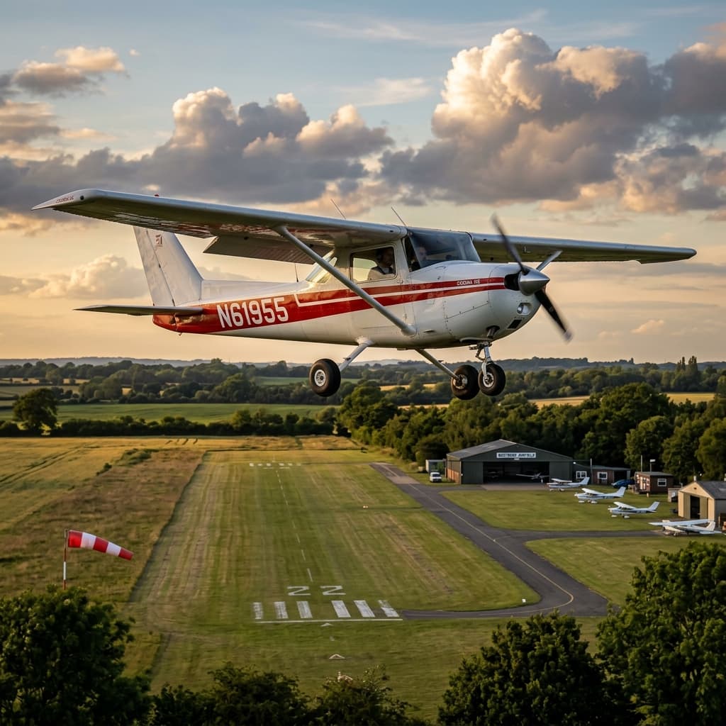 Photorealistic image of a Cessna 150/152 trainer on approach in crosswind conditions