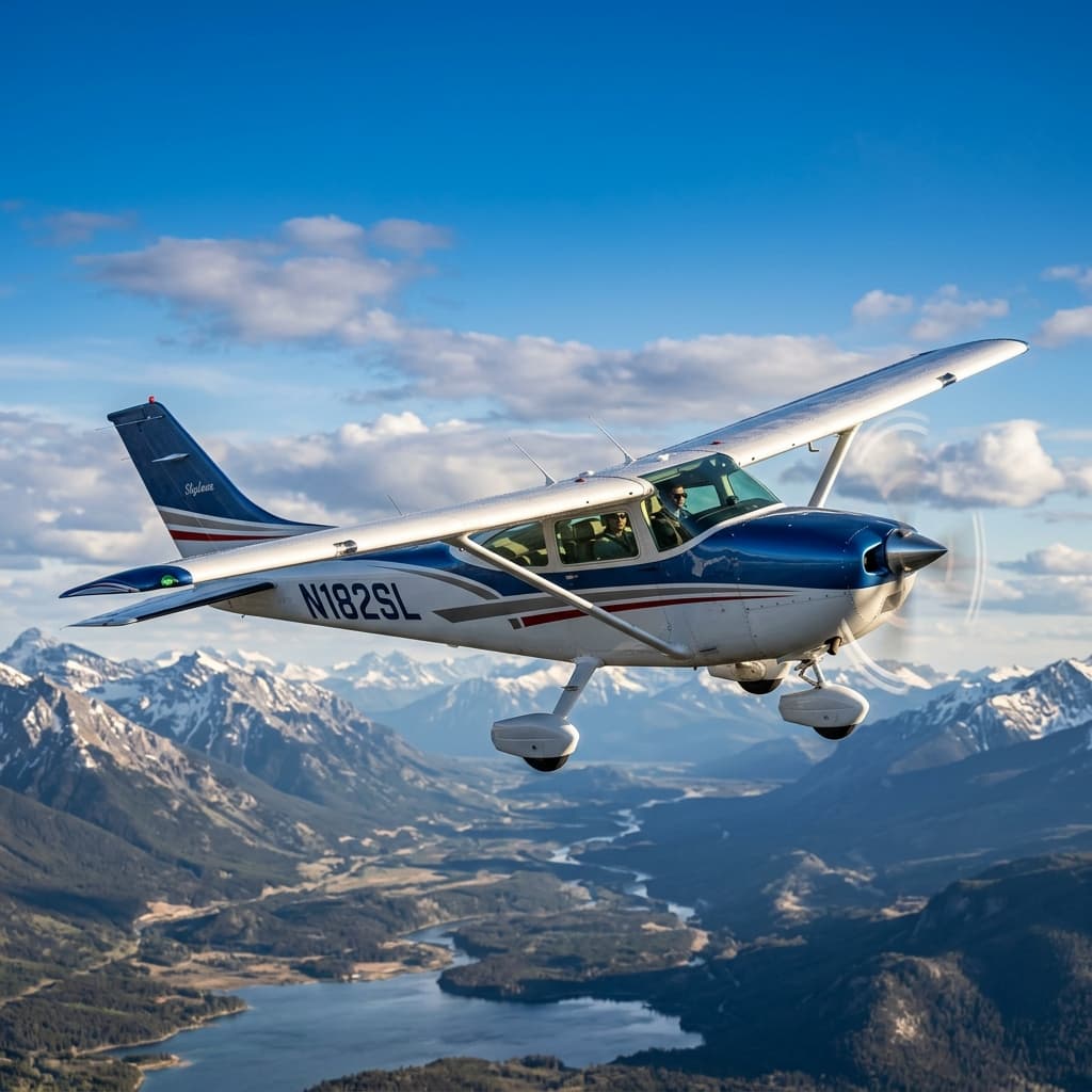 Photorealistic image of a Cessna 182 Skylane in flight