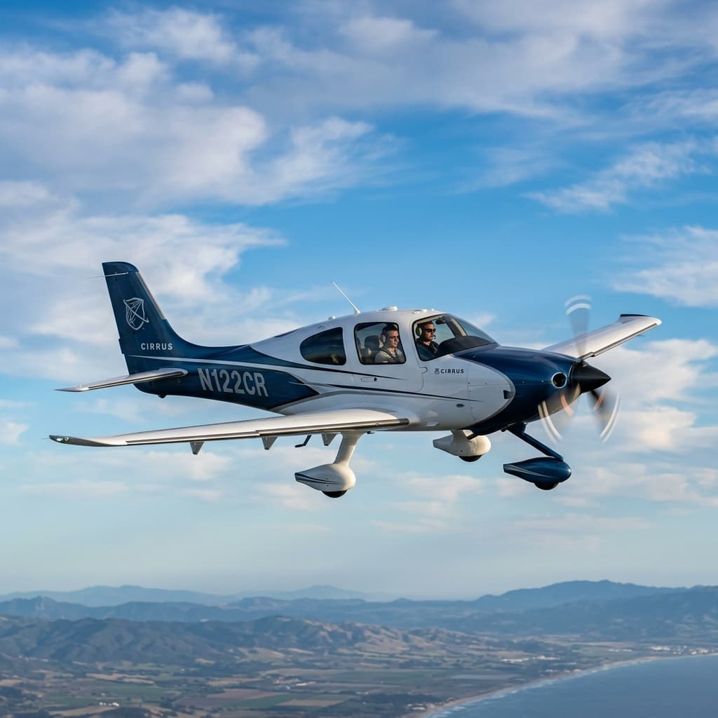 Photorealistic image of a Cirrus SR22 in flight