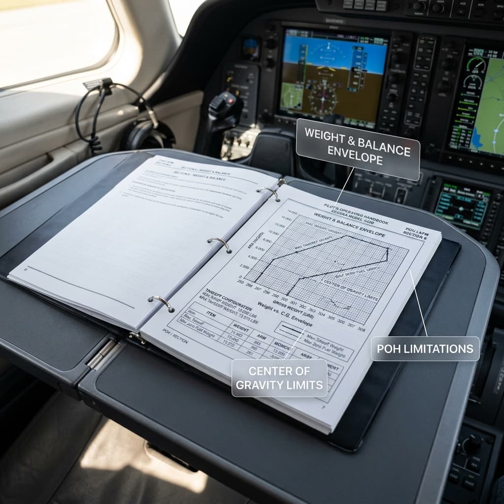 Detailed view of an open Pilot's Operating Handbook showing weight and balance limits alongside navigation charts